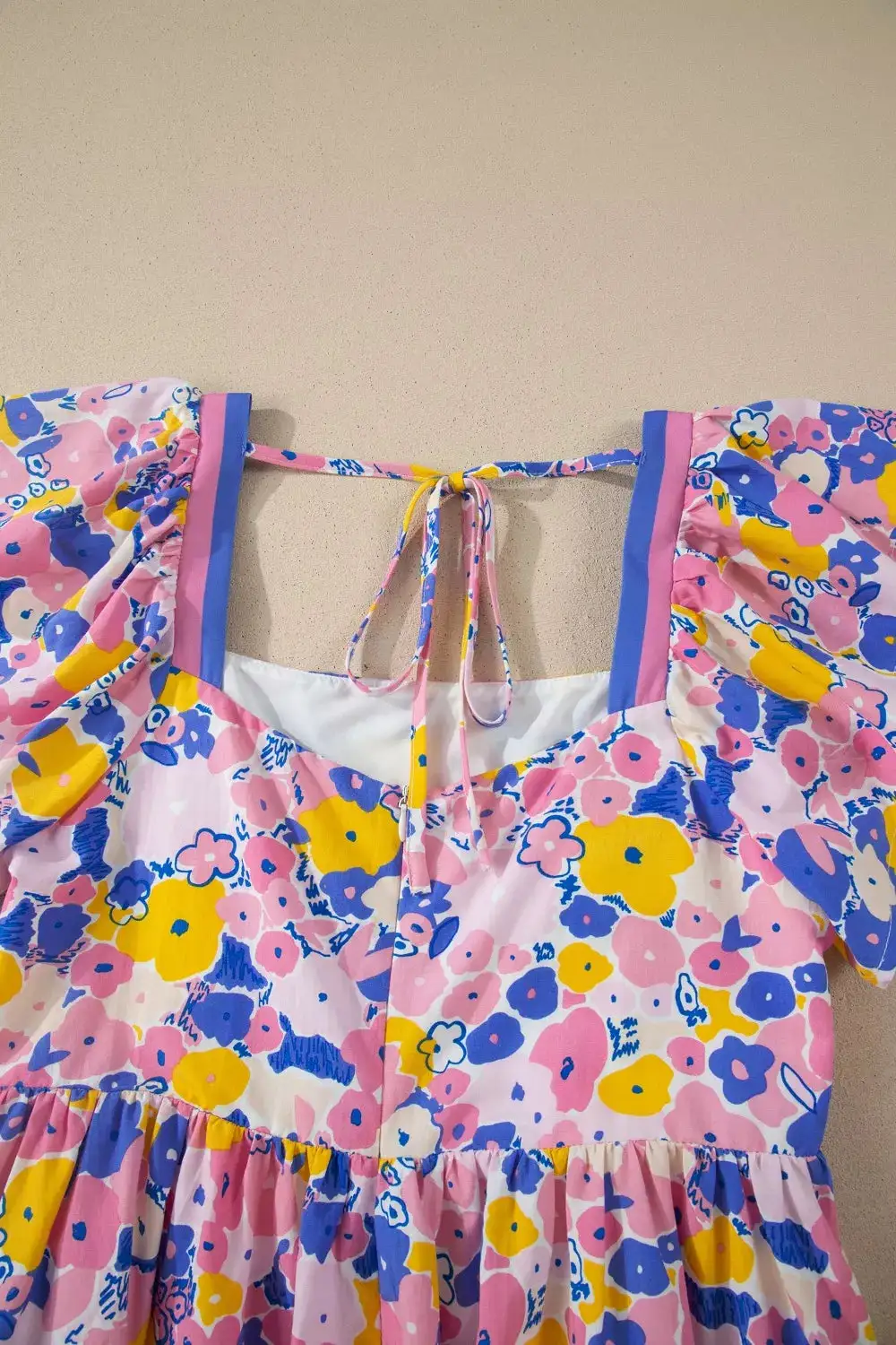 Gathered Detail Floral Striped Square Neck Mini Dress