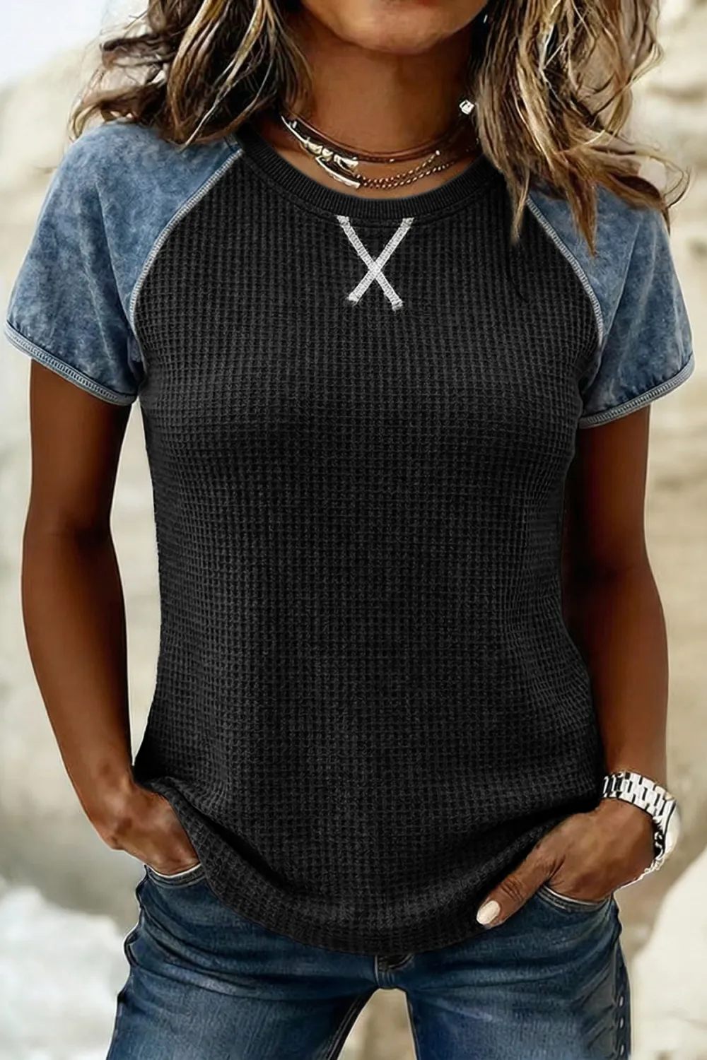 Carbon Grey Waffle Knit Seam Top