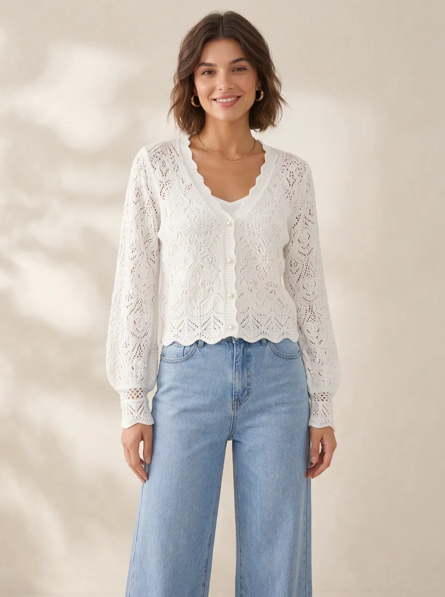 Women's Vintage Floral Crochet Knitted Button-Up Cardigan