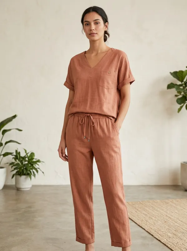 Pocket Button-Front Linen-Blend Women's V-Neck Shirt