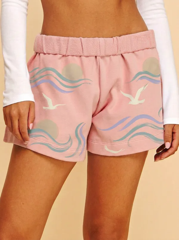 Women's Coastal Seagull Ocean Wave Graphic Shorts