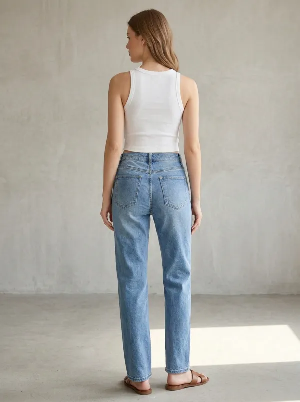 Women's Casual Style High-Waisted Straight Leg Denim Jeans