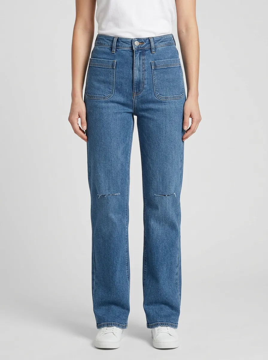 Women's Front Patch-Pocket Clean-Hem Knee-Distressed High-Rise Straight-Leg Jeans
