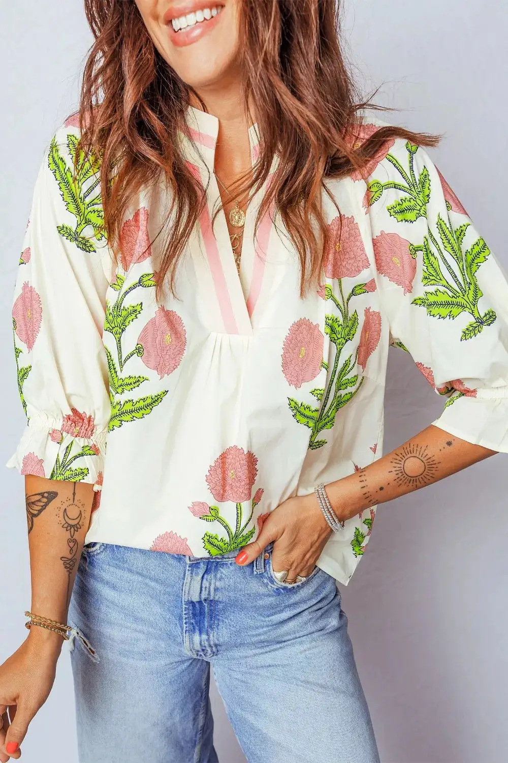 Floral Print Notched Ruffled Sleeve Blouse