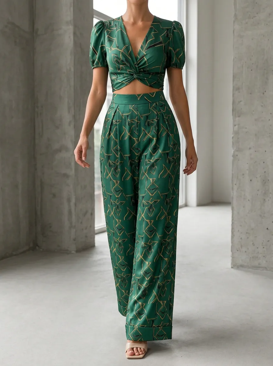 Women's Softline Geometric Pattern Patterned Crop Wide Leg Pants Set
