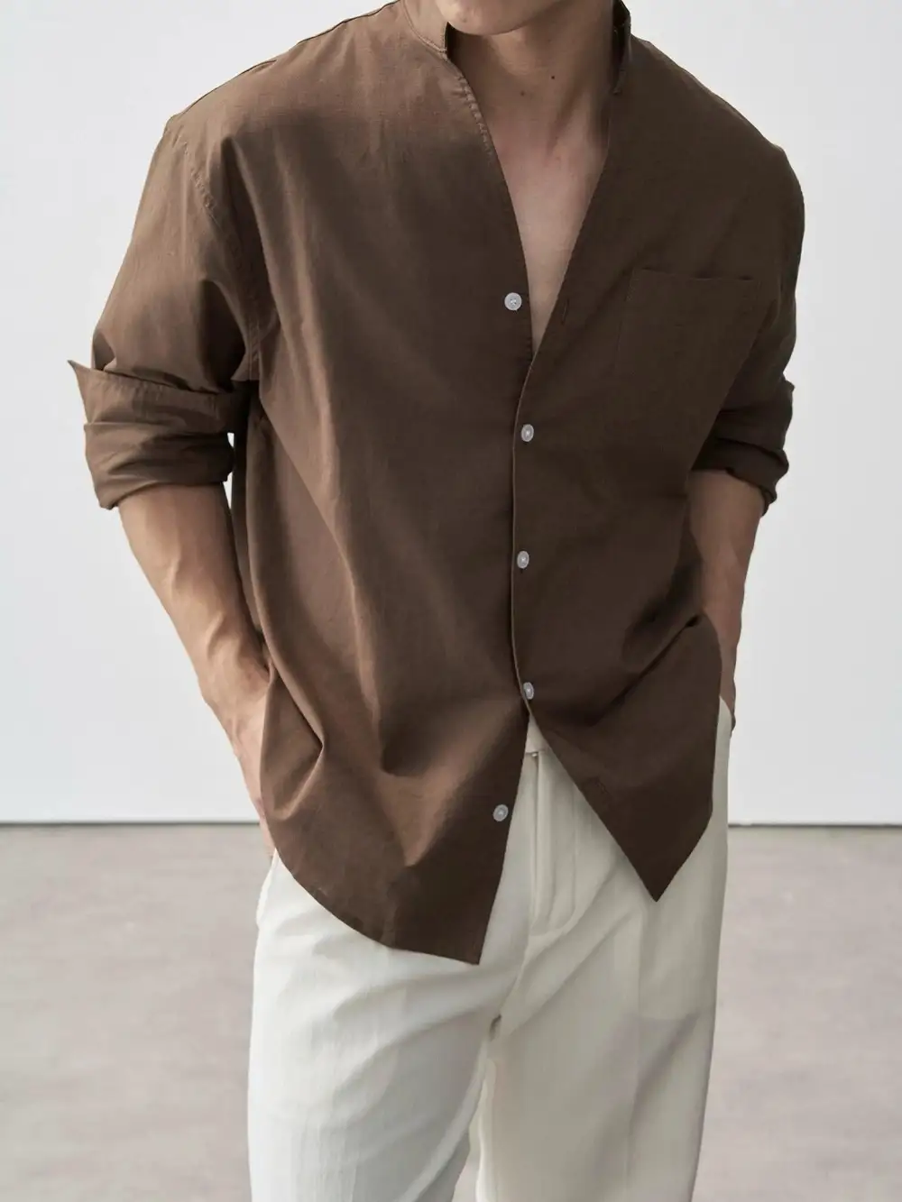 Stand Collar Linen Blend Shirt