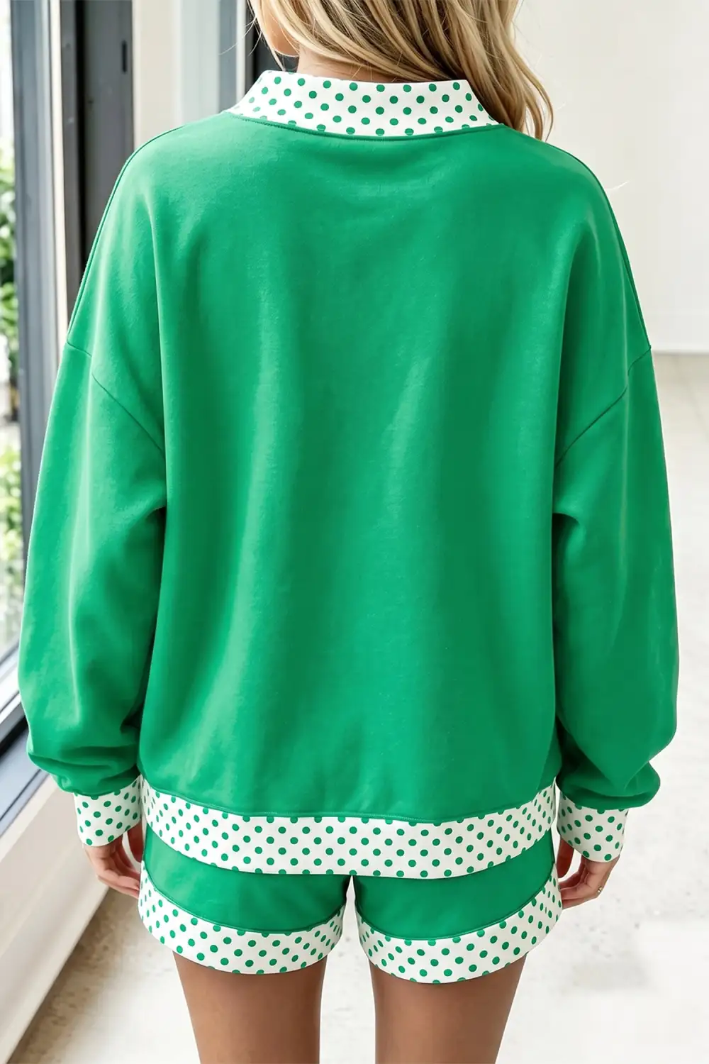 Women's Polka Dot Trim Baggy Pullover Two Piece Short Set