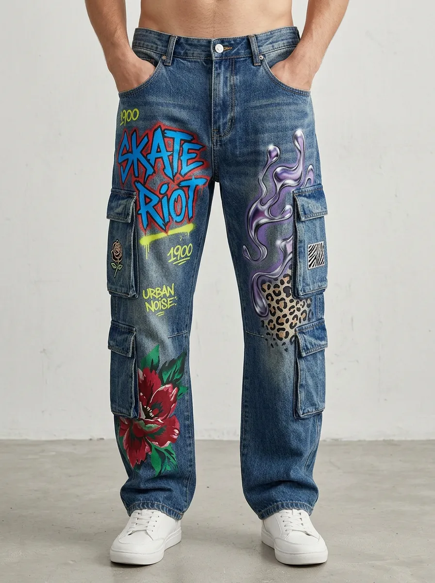 Men's Streetwear Skate Riot Graffiti Leopard Floral Graphic Cargo Jeans
