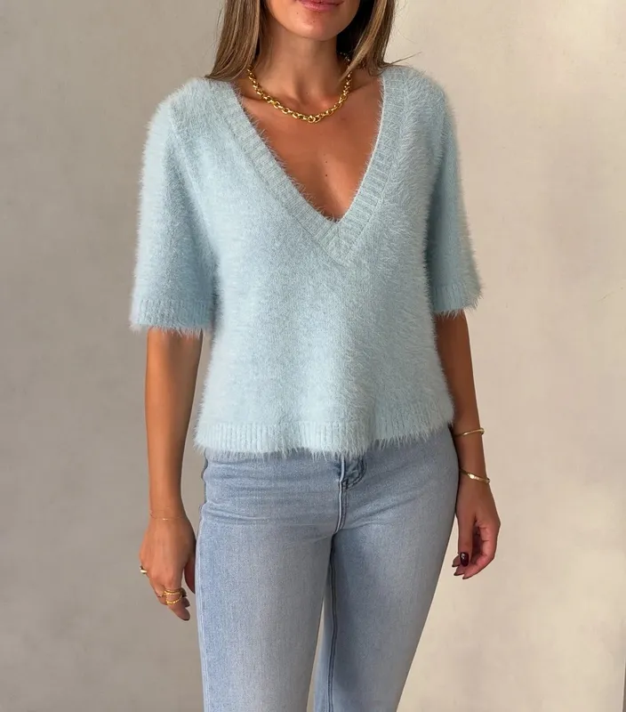 Blue V-Neck Knit Top