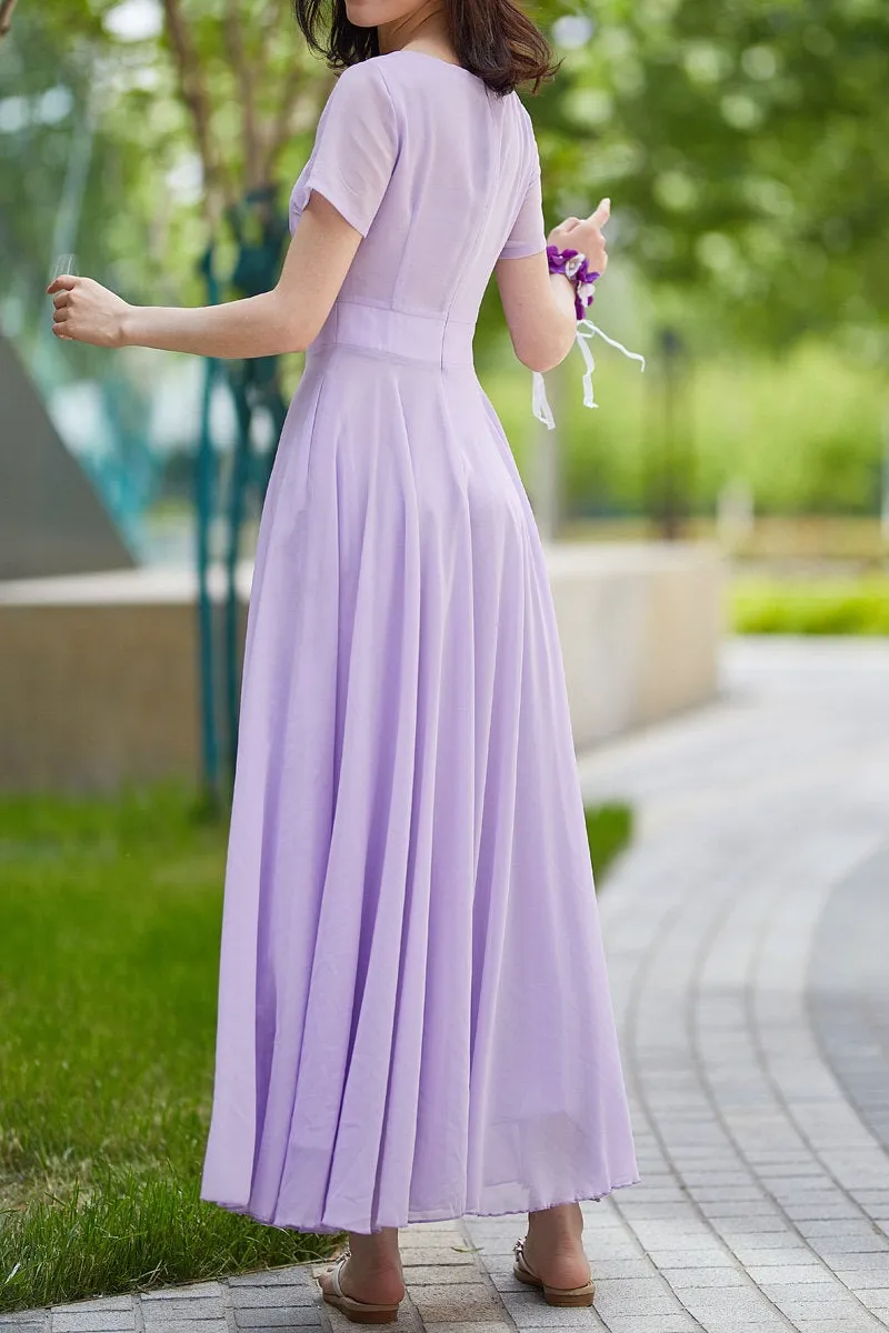 Refined Chiffon Fit And Flare Pleated Short Sleeve Maxi Dress