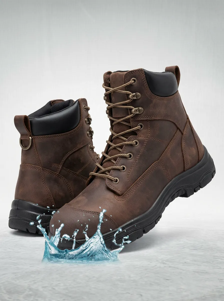 Men's Waterproof Brown Leather Non-Slip Work Boots