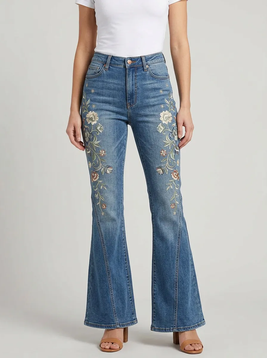 Women's Medium Wash Floral Embroidery Front Embroidery Flare Jeans