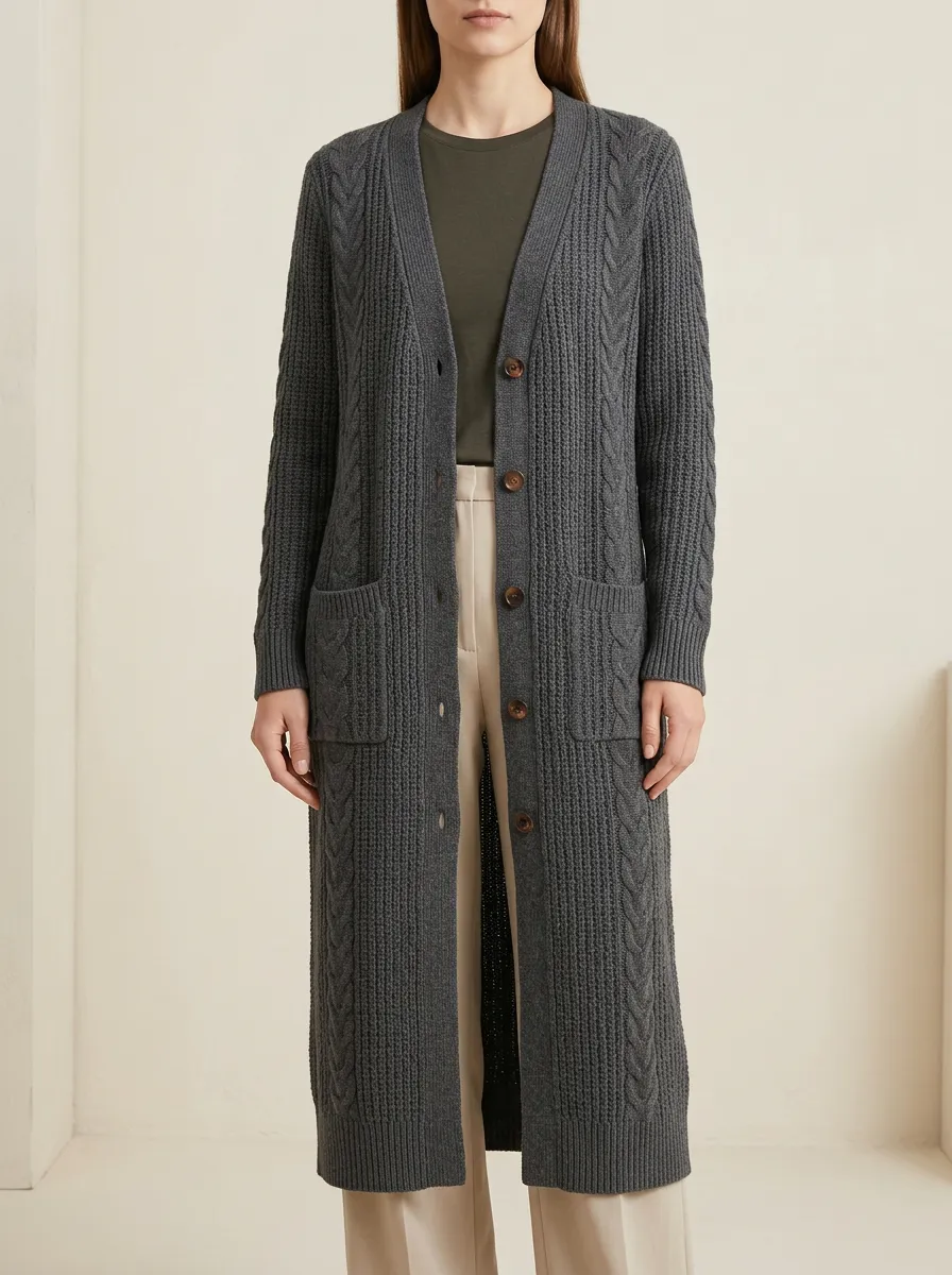 Women's Cable Knit Button Detail Long Knit Cardigan