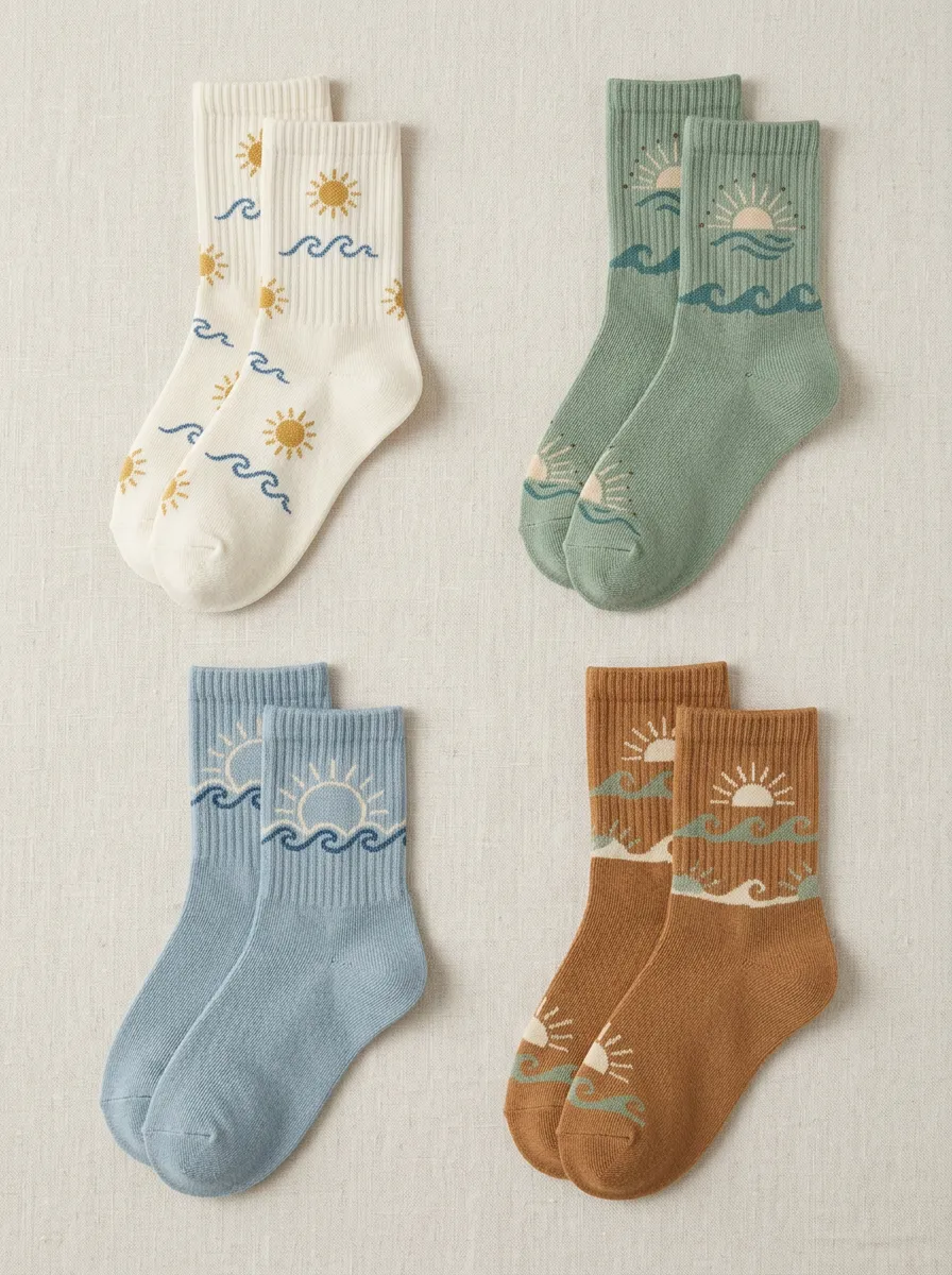 Women's Sun & Ocean Wave Graphic Crew Sock Set