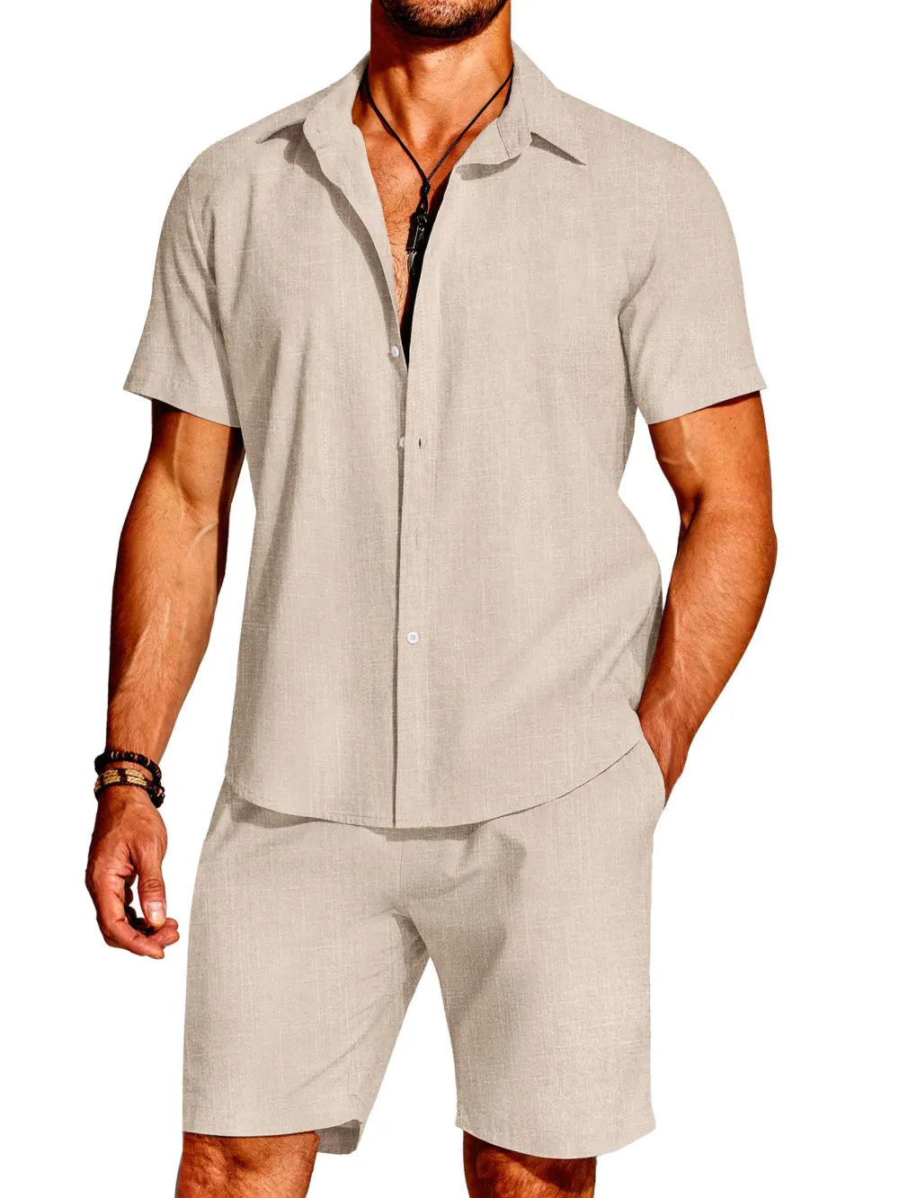 Linen Blend Short Sleeve Shirt Set