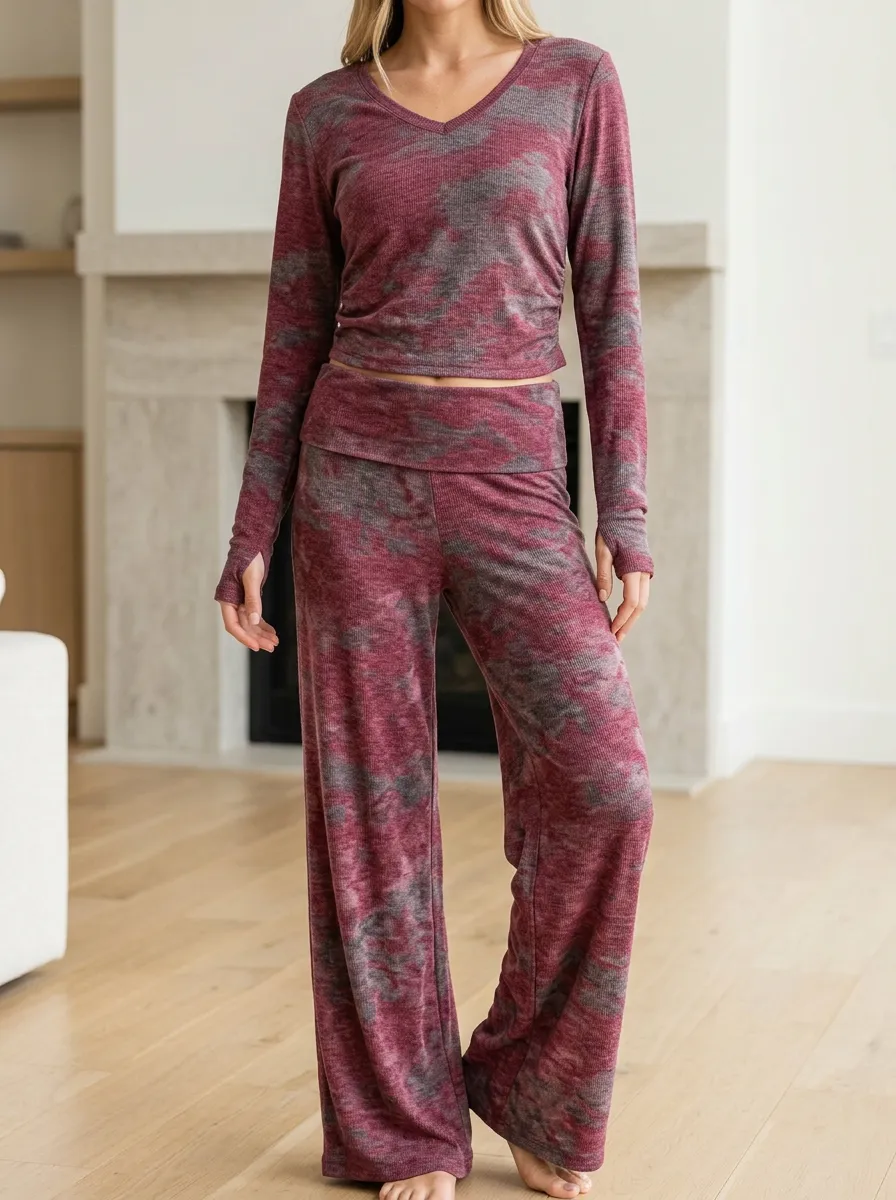 Women's Lounge Camo Patterned V-Neck Wide Leg Pants Set