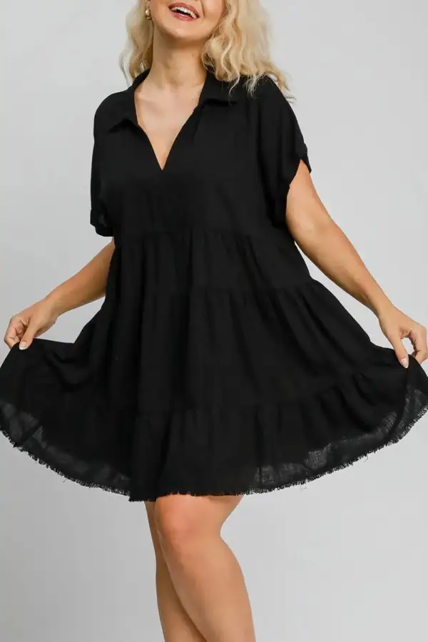 Raw Hem Folded Sleeve Tiered Dress