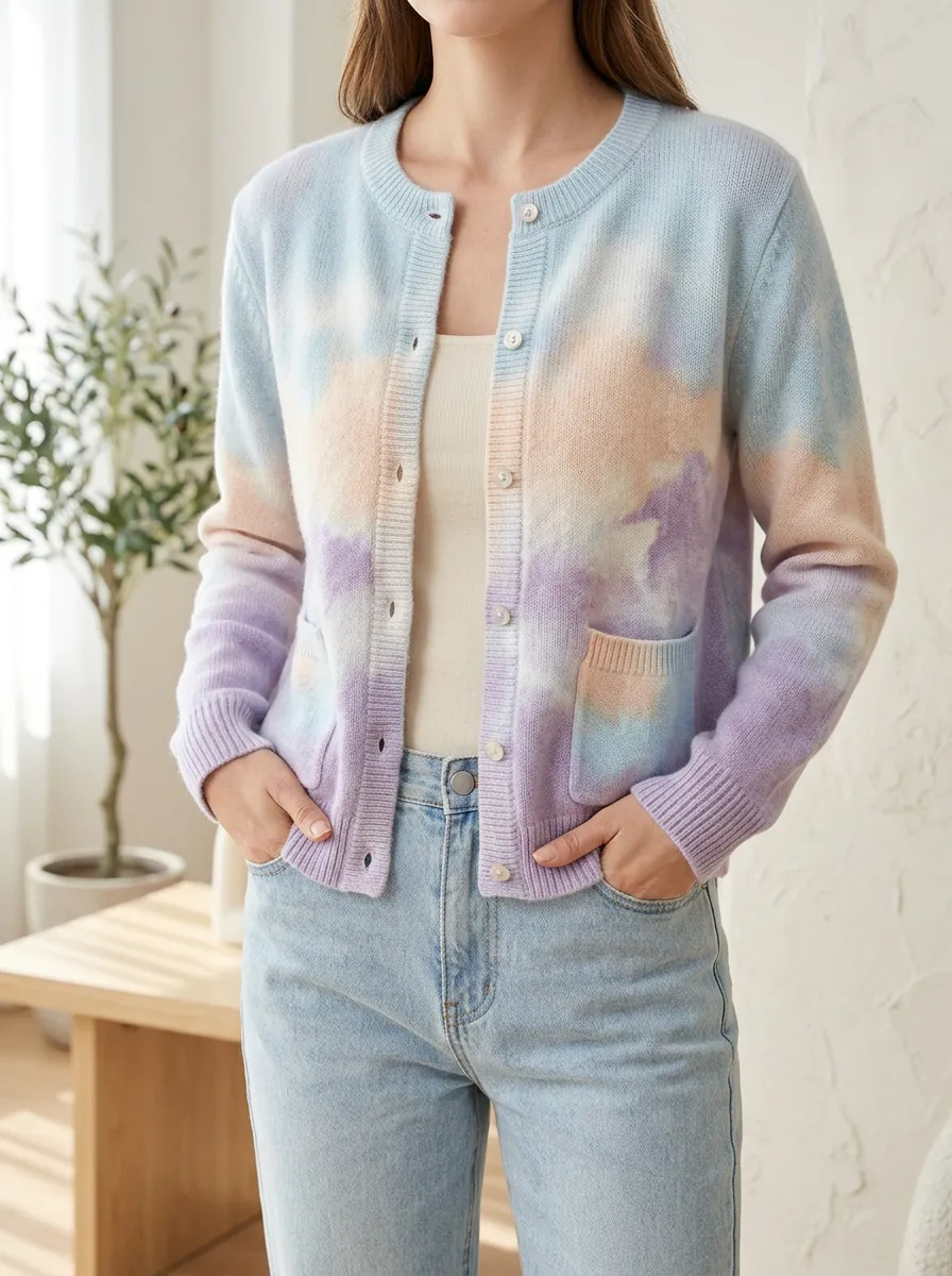 Women's Pastel Tie-Dye Pattern Printed Hip Length Casual Weekend Cardigan