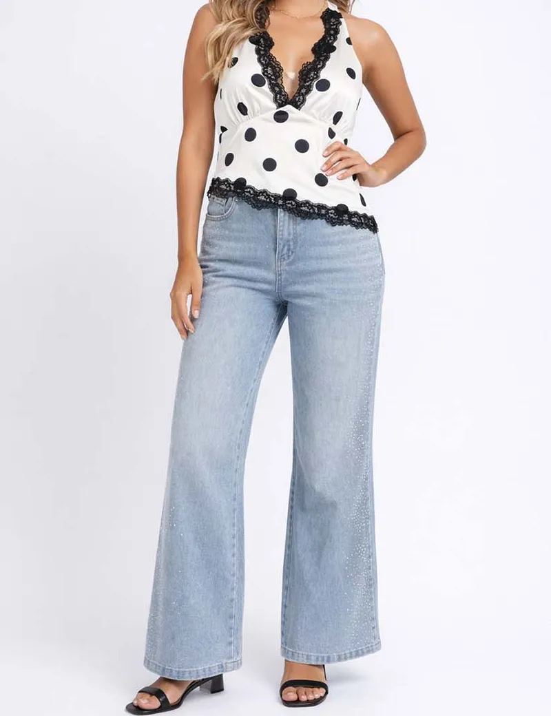 Chic Polka Dot Lace Back V Neck Sleeveless Top