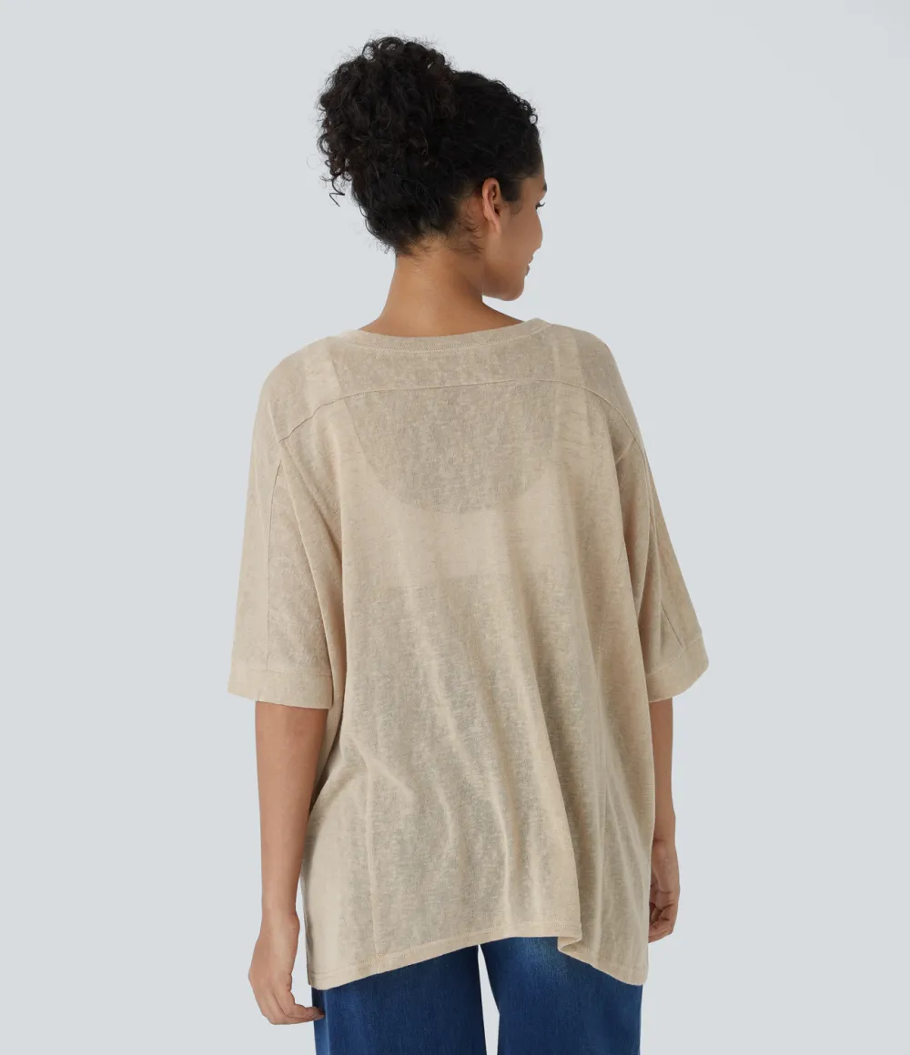 Asymmetric Split Hem Sheer Oversize Casual Top