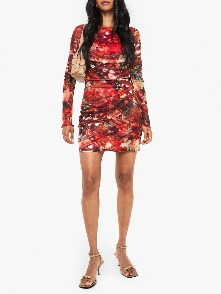 Red Floral Print Sheer Mesh Bodycon Dress