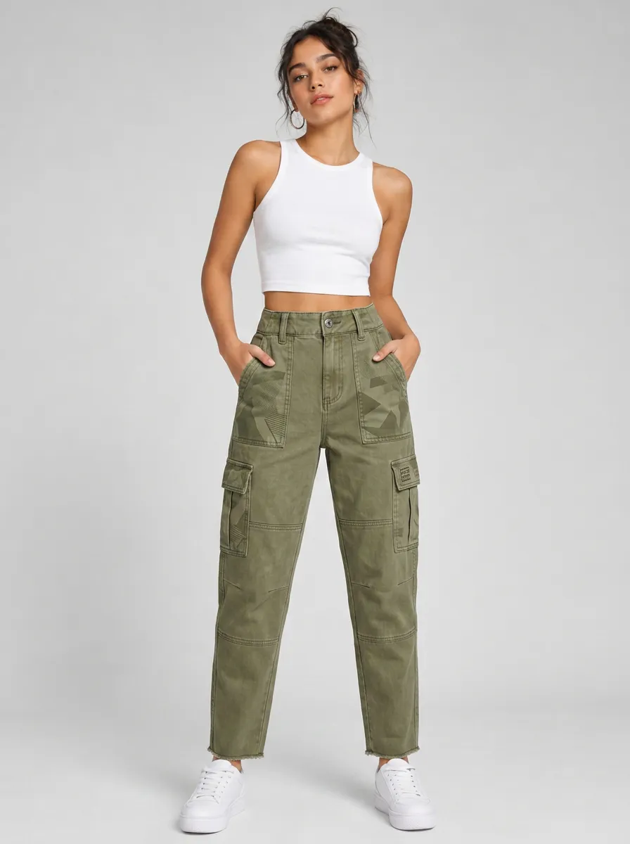 Women's Olive Green Geometric Print Cargo Pants