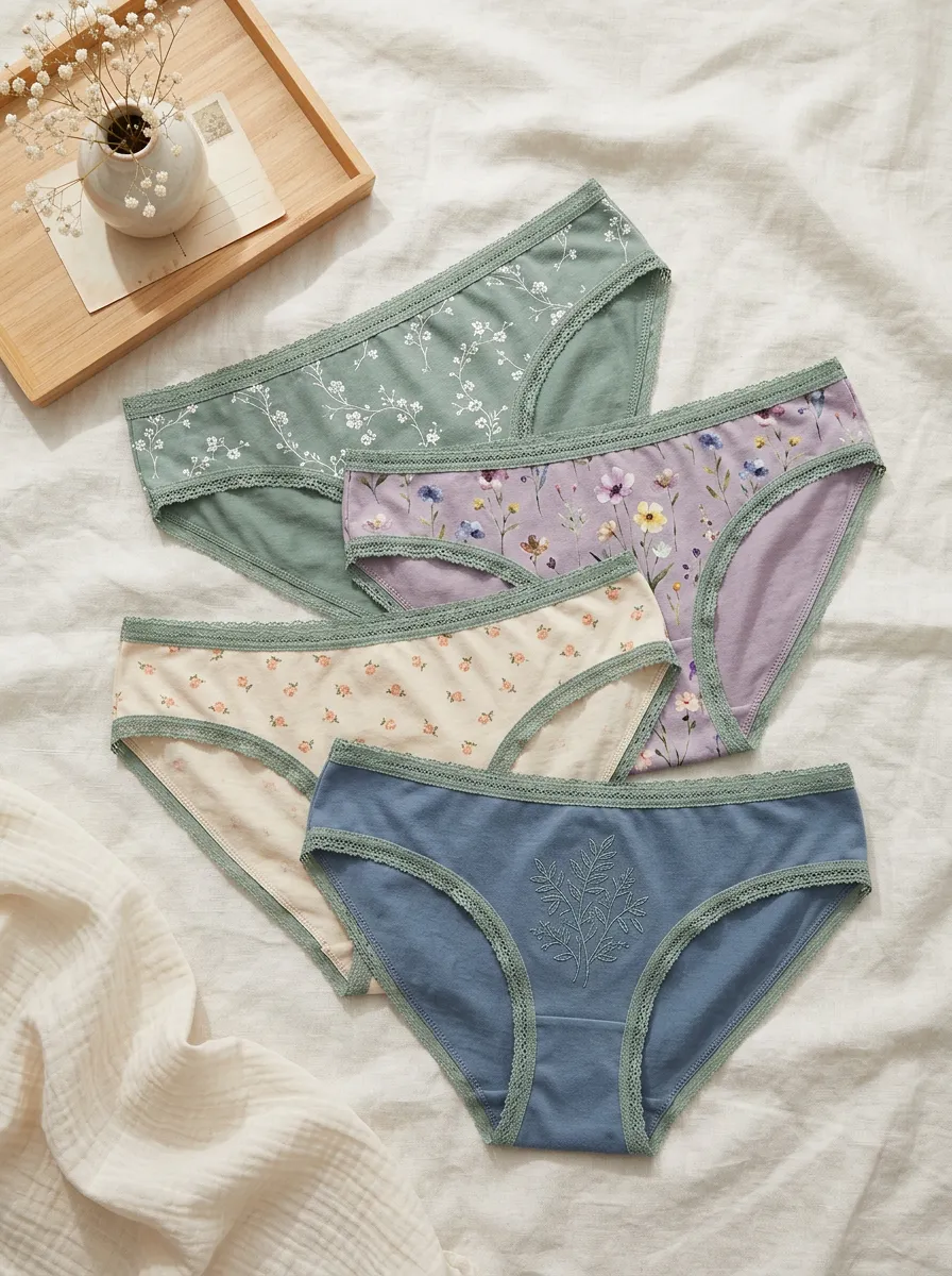 Women's Floral Botanical Printed Lace Trim 4-Pack Panties