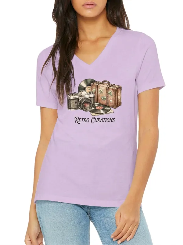 Women's Retro Travel Camera Vinyl Record Graphic V-Neck T-Shirt