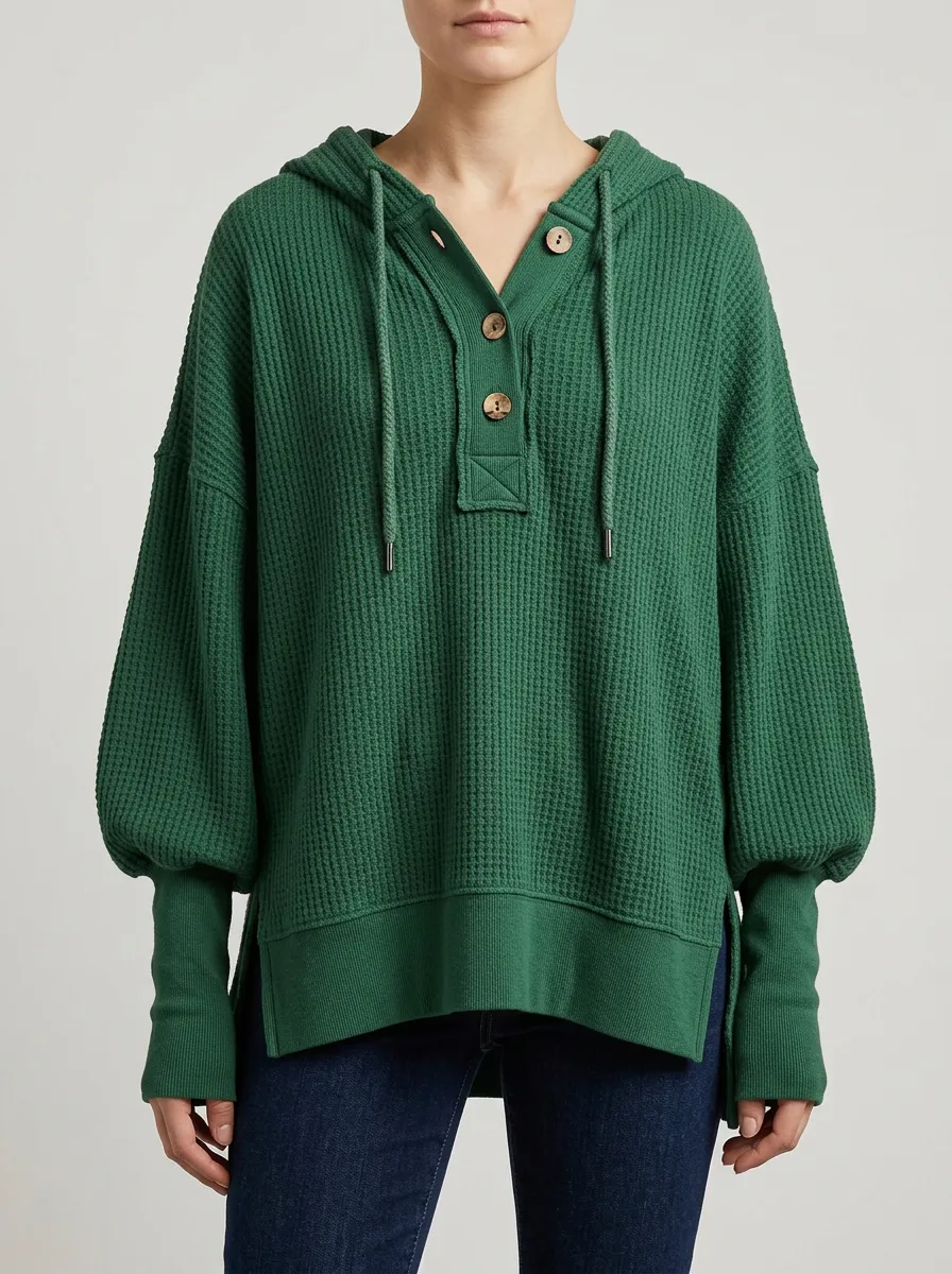 Women's Green Waffle Knit Button Up Hooded Top