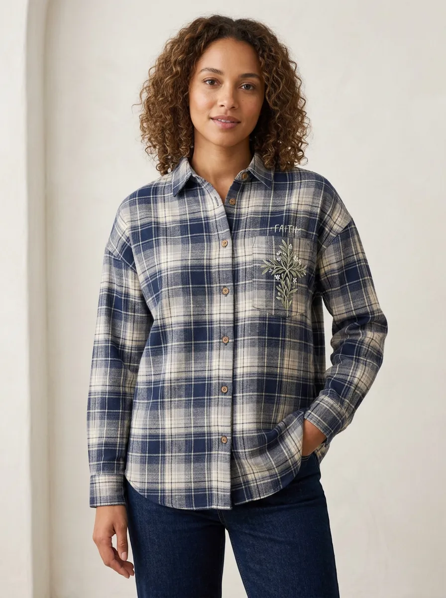 Women's Faith Floral Cross Embroidered Plaid Flannel Shirt