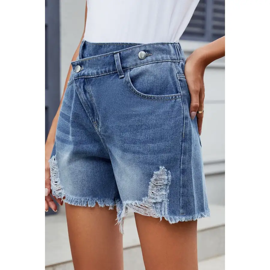 Distressed Raw Hem Asymmetric Waist Denim Shorts