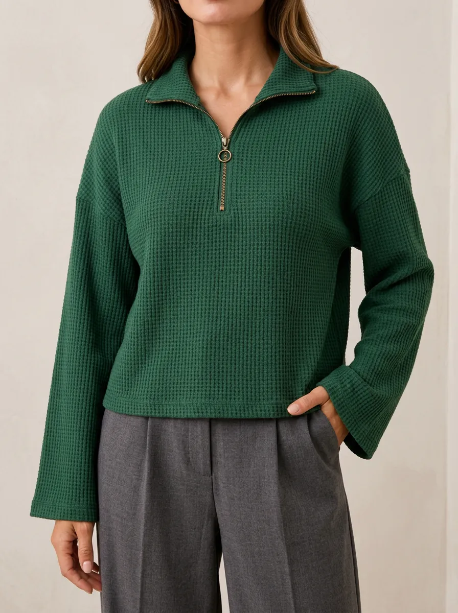 Soft Structure Waffle Knit Quarter Zip Pullover Top