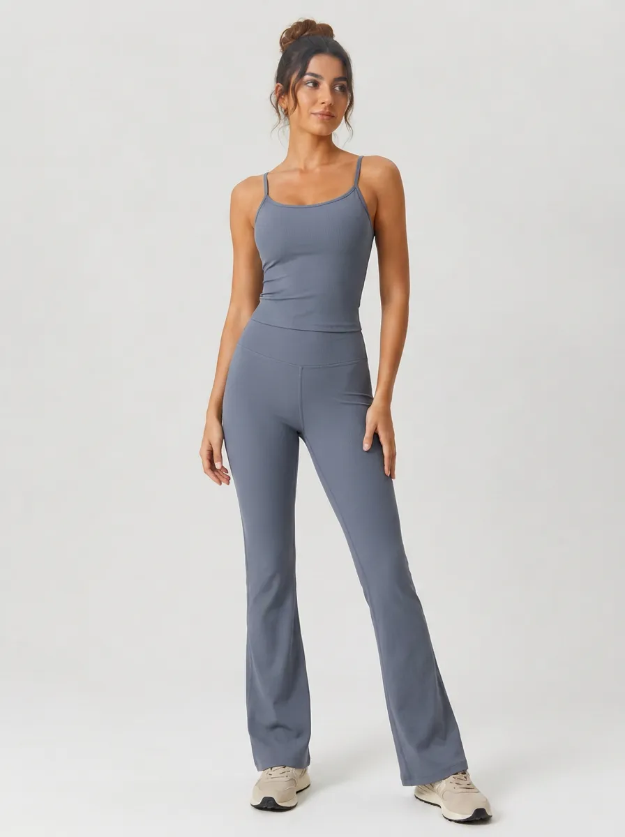 Women's Yoga Fitness Grey Ribbed Camisole Flare Leggings Set