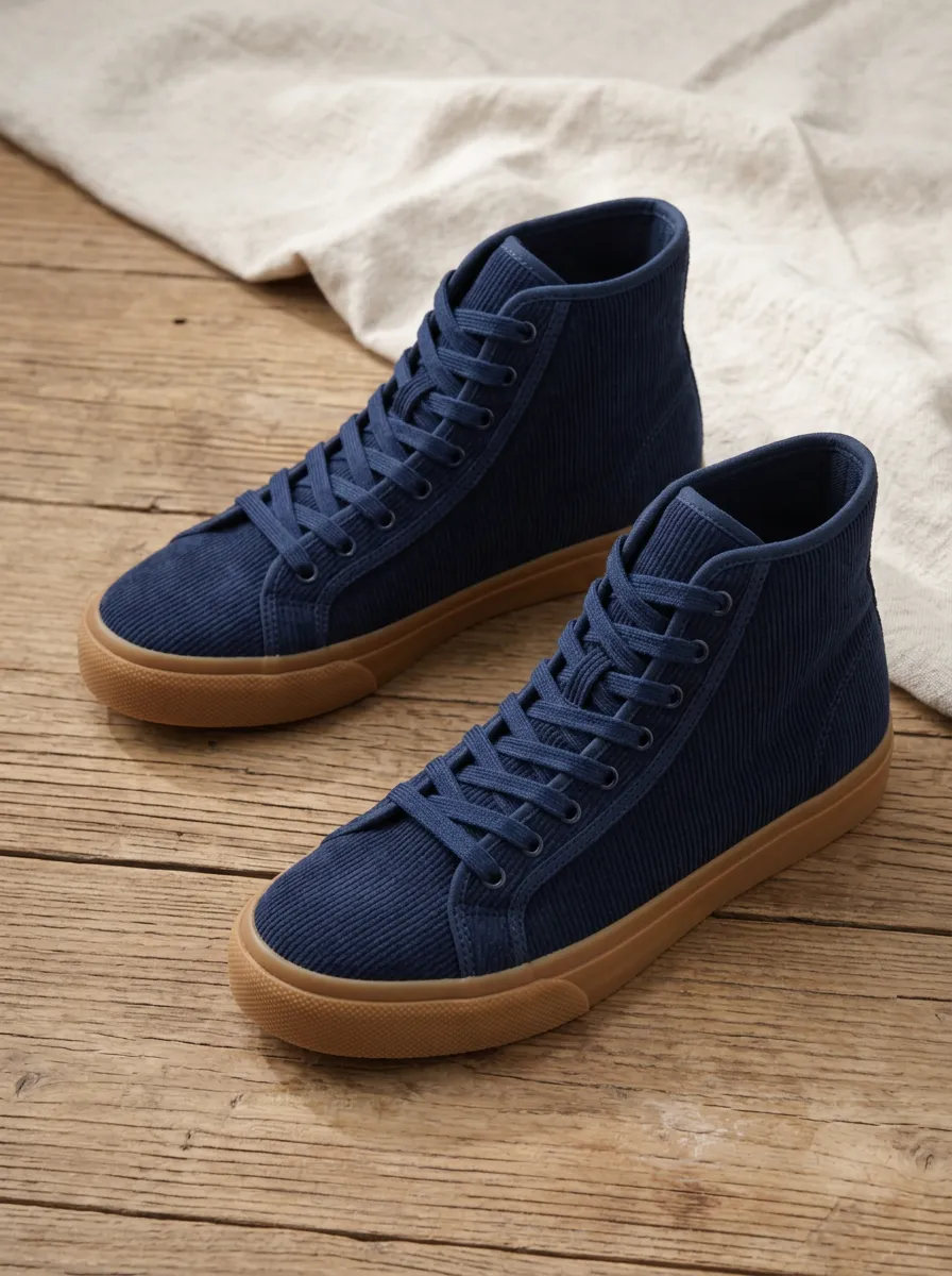 Women's Navy Blue Corduroy Texture High Top Sneakers