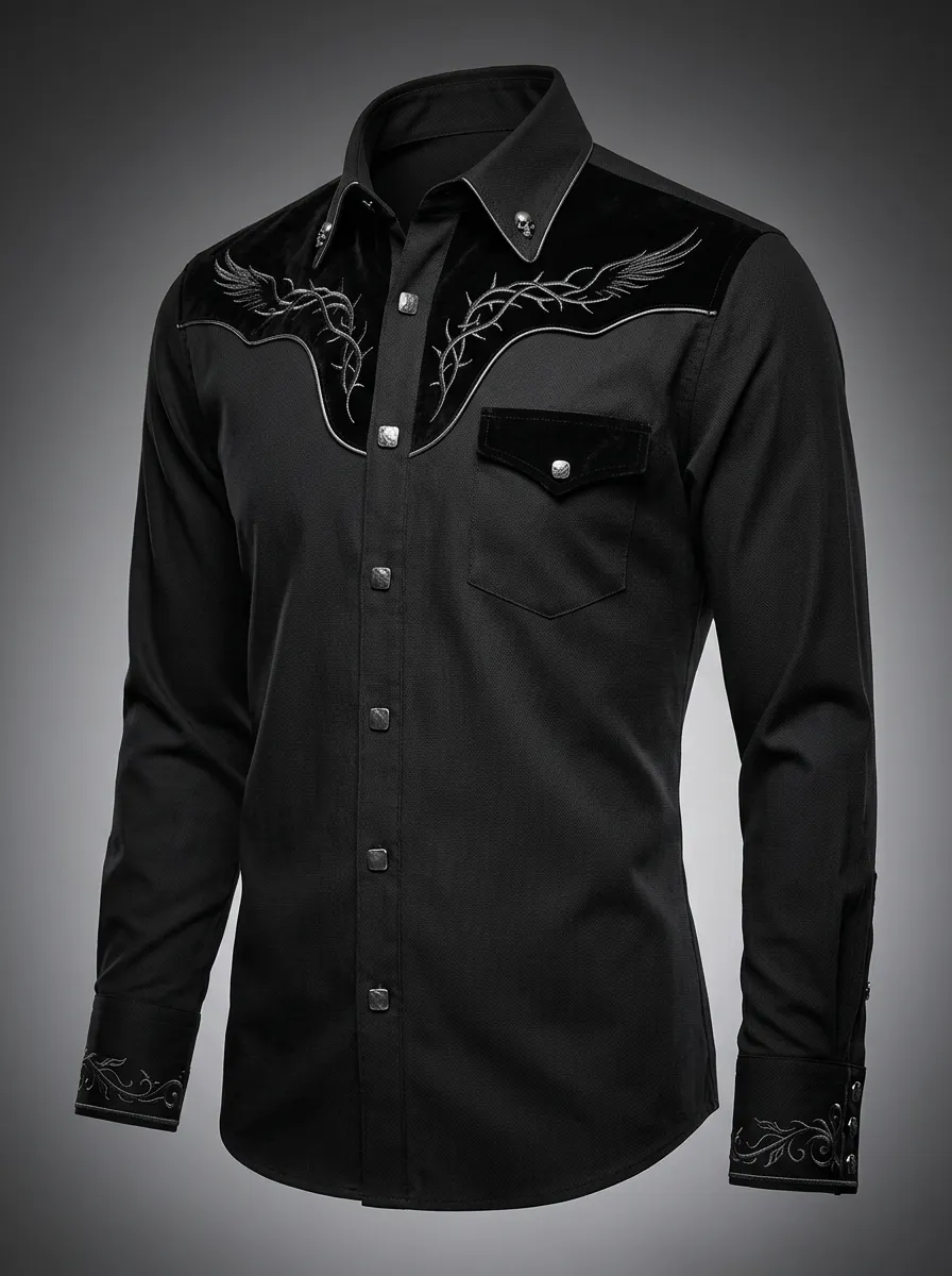 Moonlit Thorn Wing Embroidered Street Look Men's Gothic Shirt