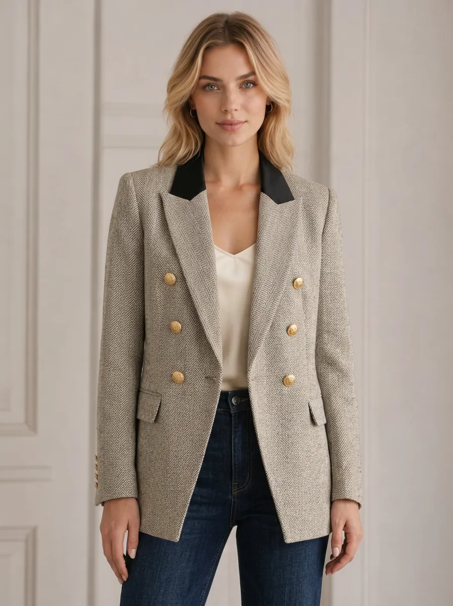 Women's Business Casual Herringbone Pattern Gold Button Printed Blazer