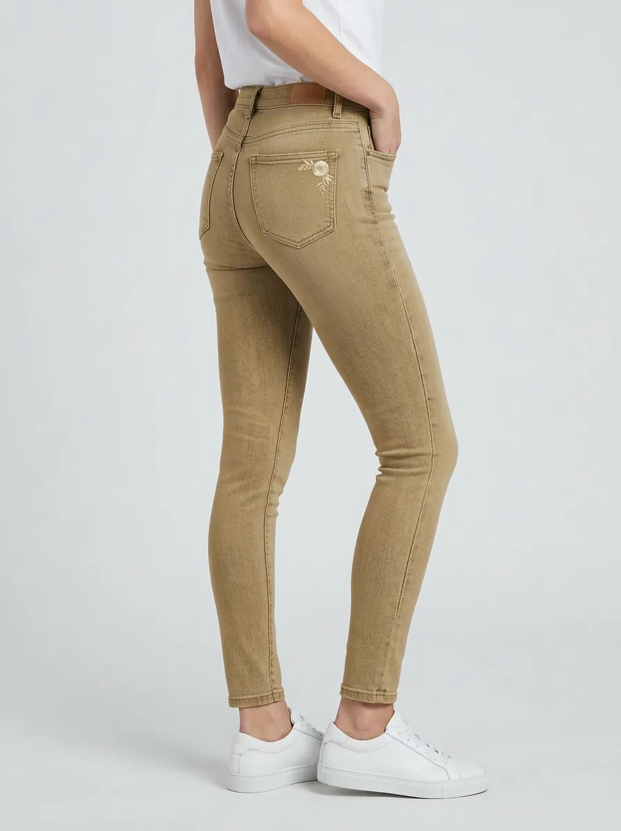 Women's Floral Embroidery Light Wash Printed Slim Jeans