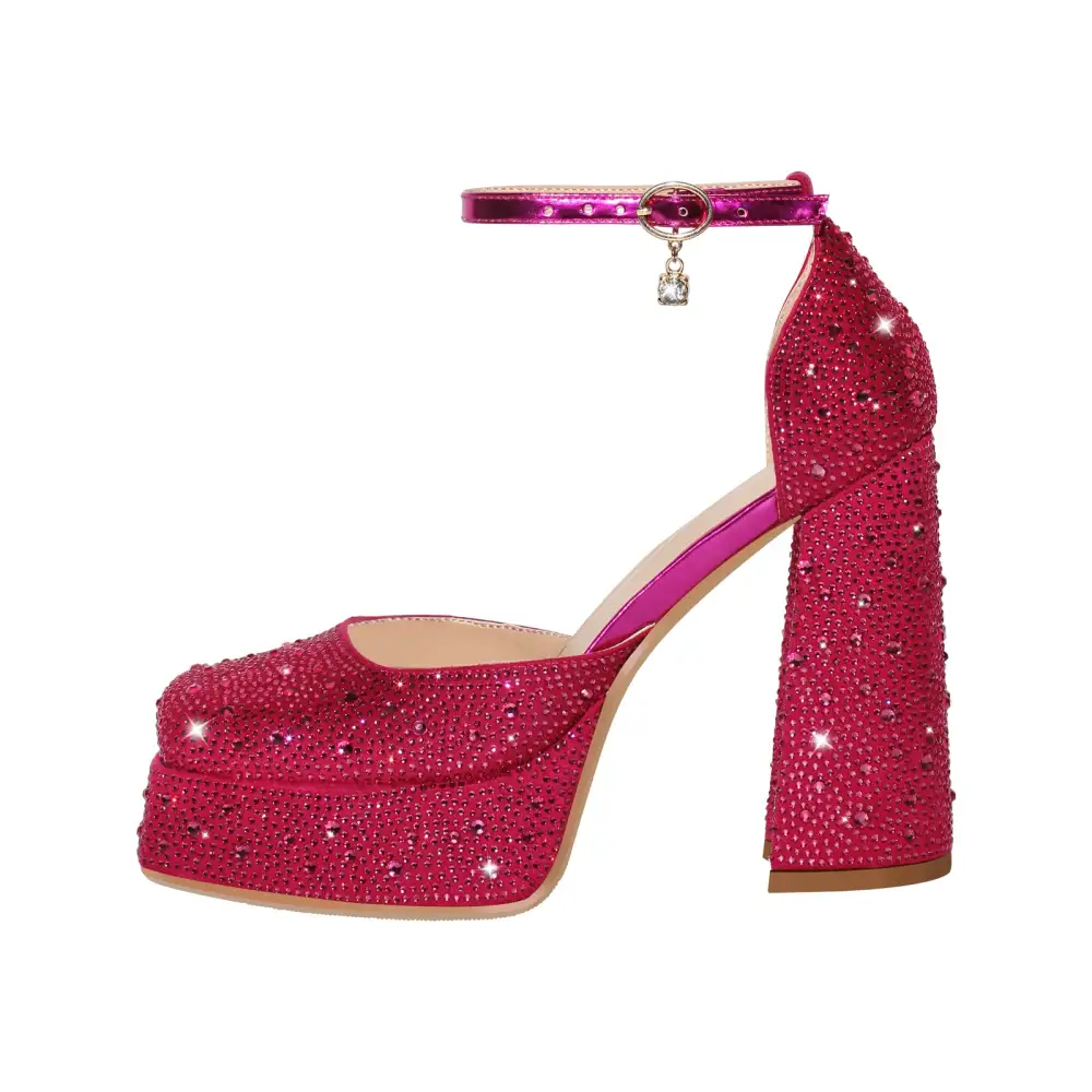 Rhinestone Square Toe Low Platform Chunky Heel Pumps