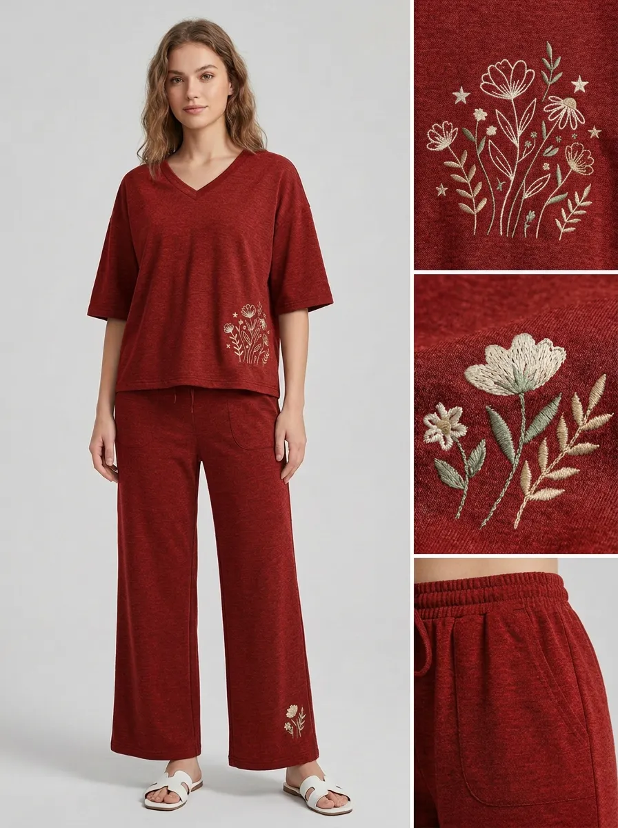 Women's Cropped Floral Embroidered V-Neck Top And Drawstring Wide-Leg Trouser Lounge Set