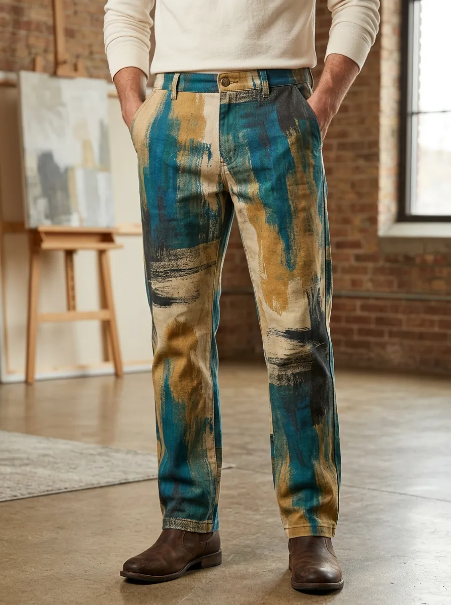 Men's Brushstroke Print Straight-Leg Trousers