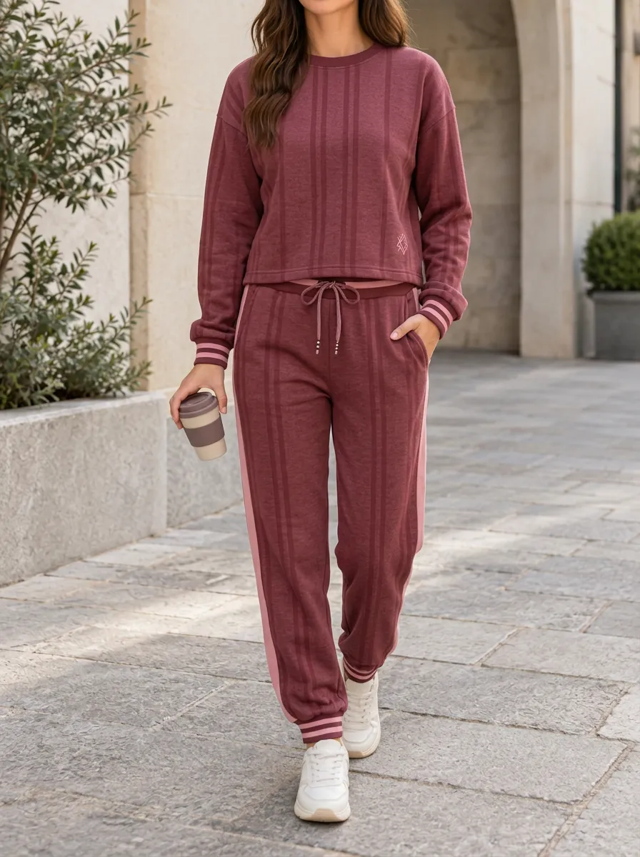 Women's Burgundy Striped Printed Two-Piece Set