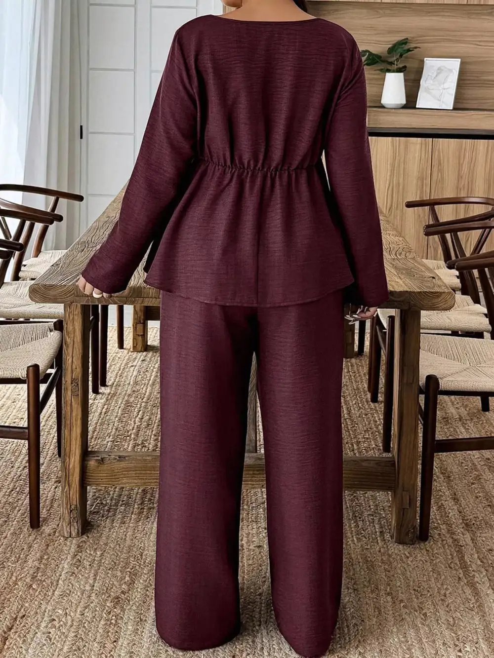 Plus Size Square Neck Long Sleeve Top and Pants