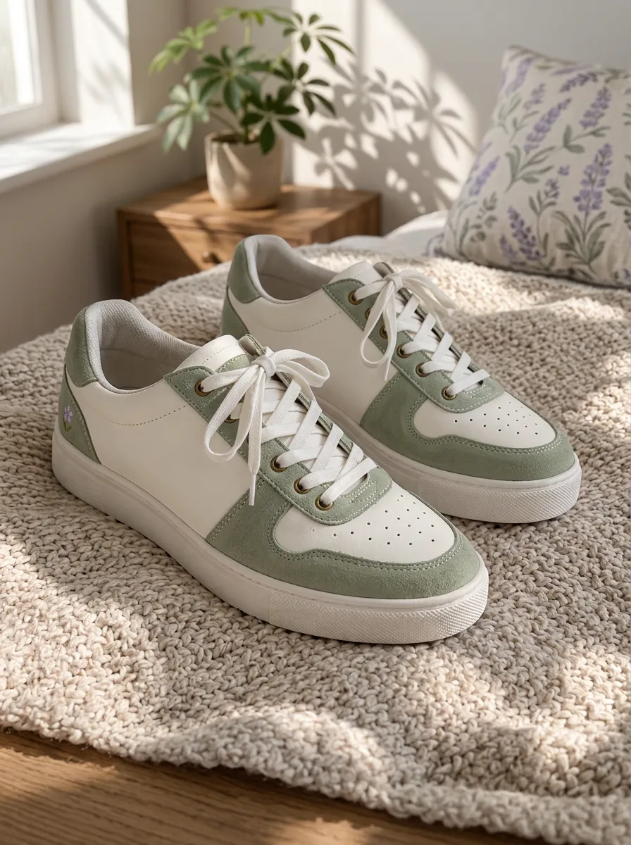 Women's Sage Green Floral Embroidered Suede Printed Sneakers