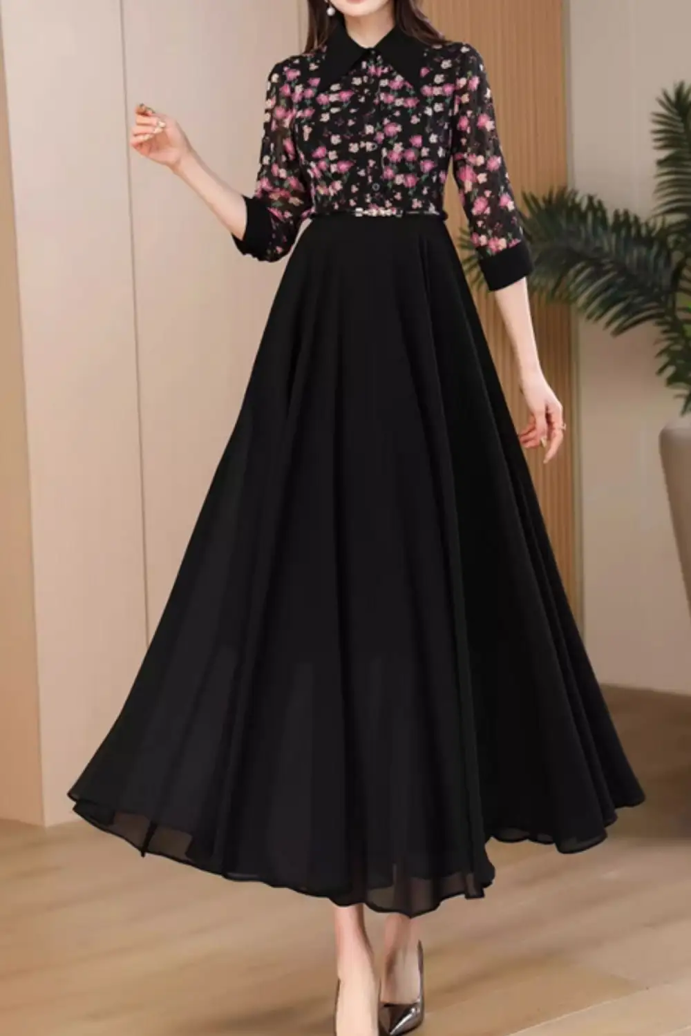Floral Polyester Lapel Collar Three Quarter Sleeve Maxi Dress