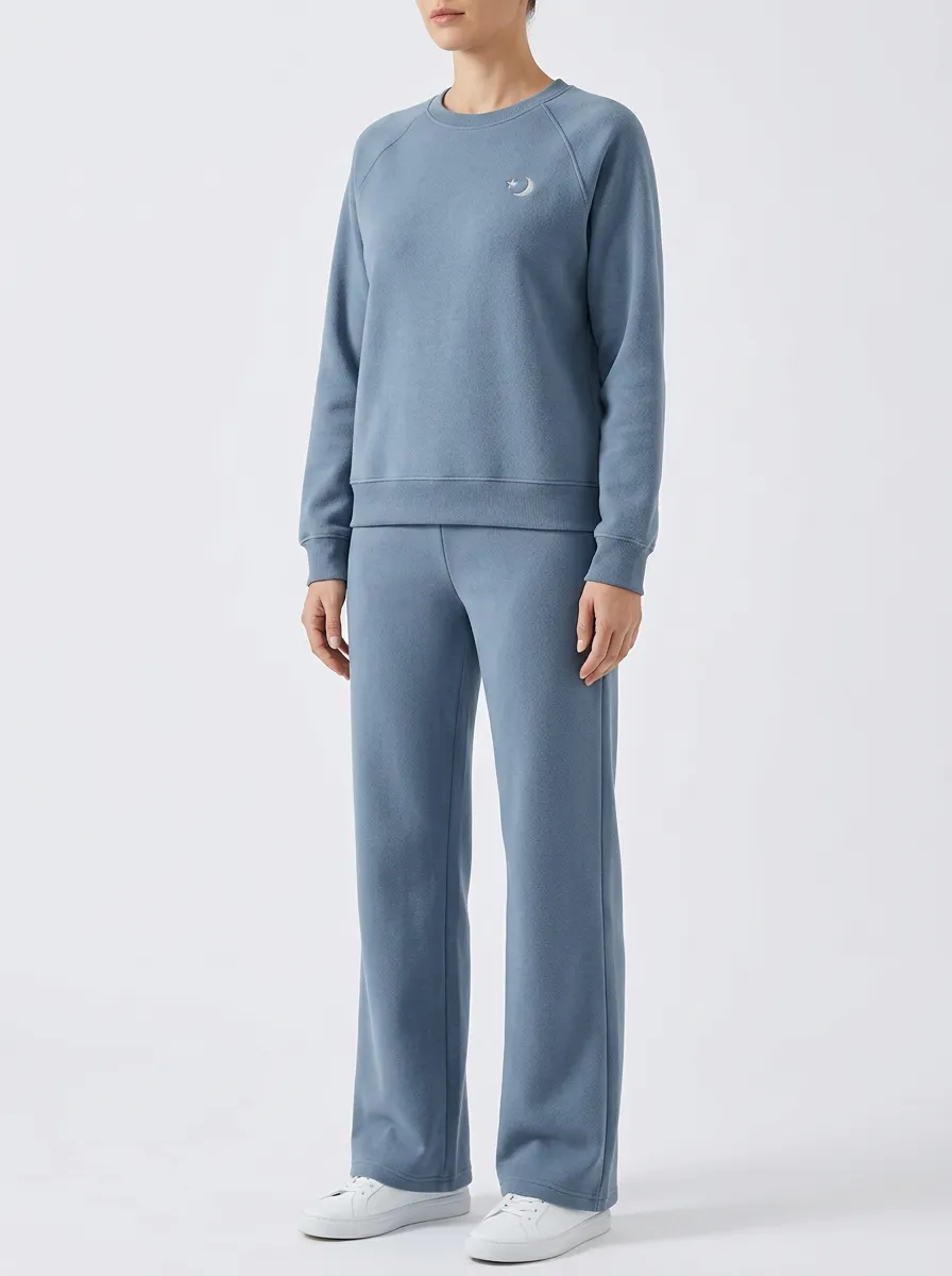 Women's Crescent Star Embroidered Crewneck Straight-Leg Set