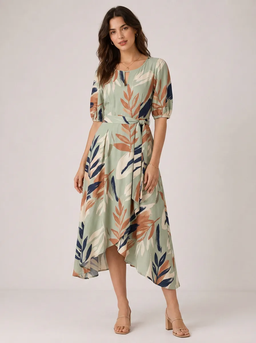Women's Boho Style Tropical Leaf Printed Midi Dress