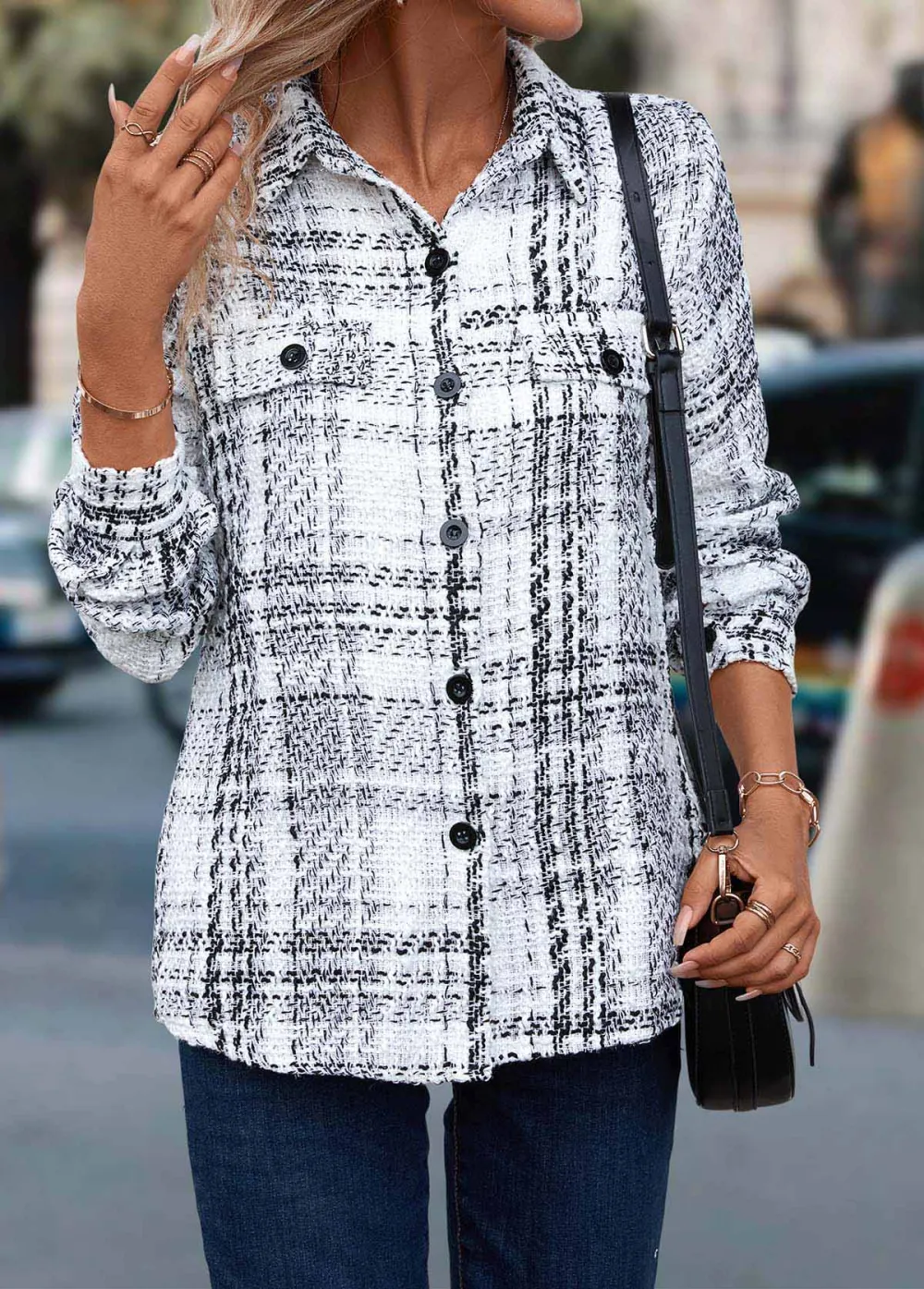 White Button Plaid Long Sleeve Shirt Collar Coat