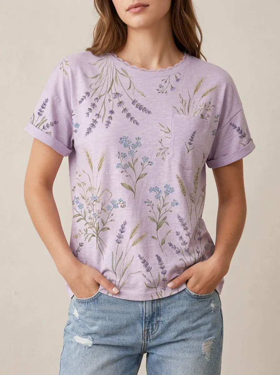 Women's Lavender Floral Wheat Printed Pocket T-shirt