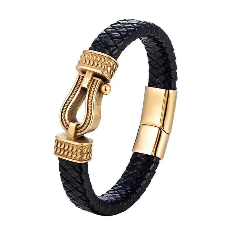 Leather Horseshoe Shaped Titanium Steel Braided Magnetic Bracelet