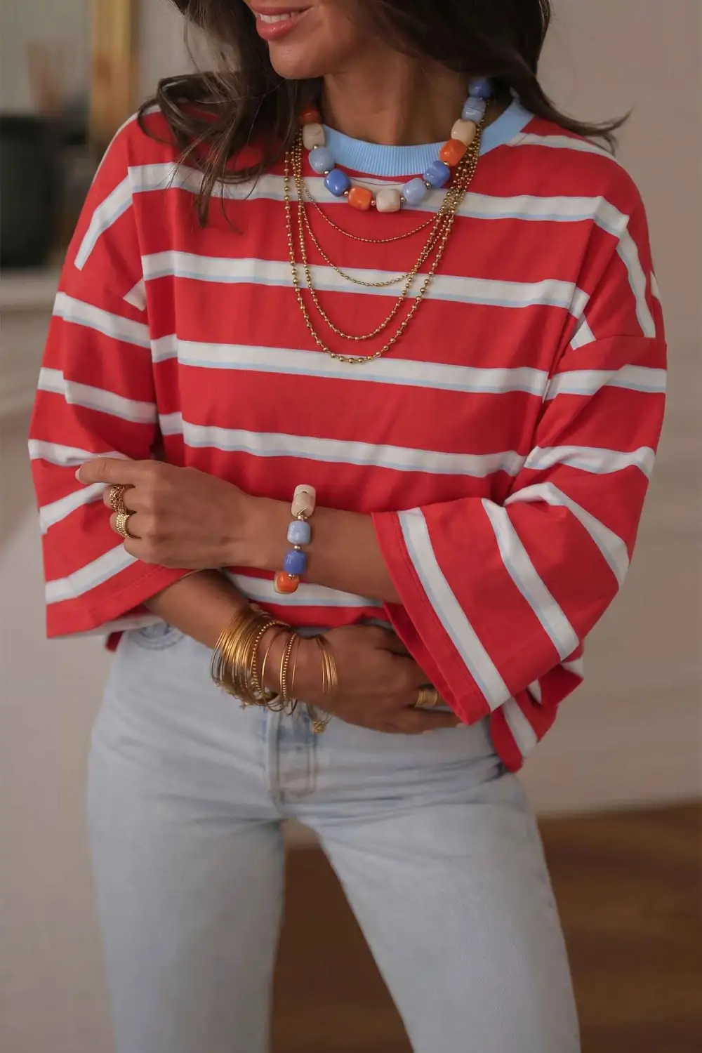 Striped Open Back Relaxed Cotton Blend Long Sleeve T-Shirt